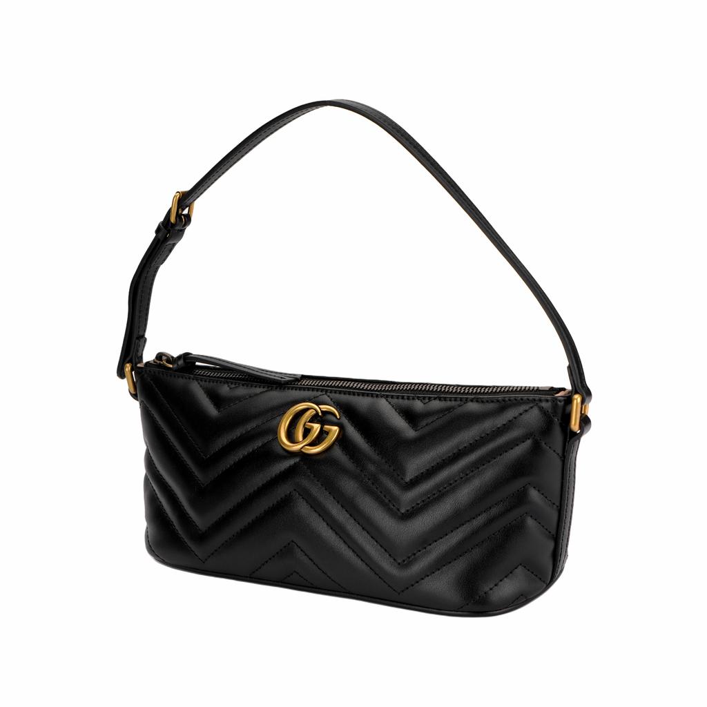 Gucci Gg Marmont Double G Logo Herringbone Quilted Leather Handheld Shoulder Bag For Women Black