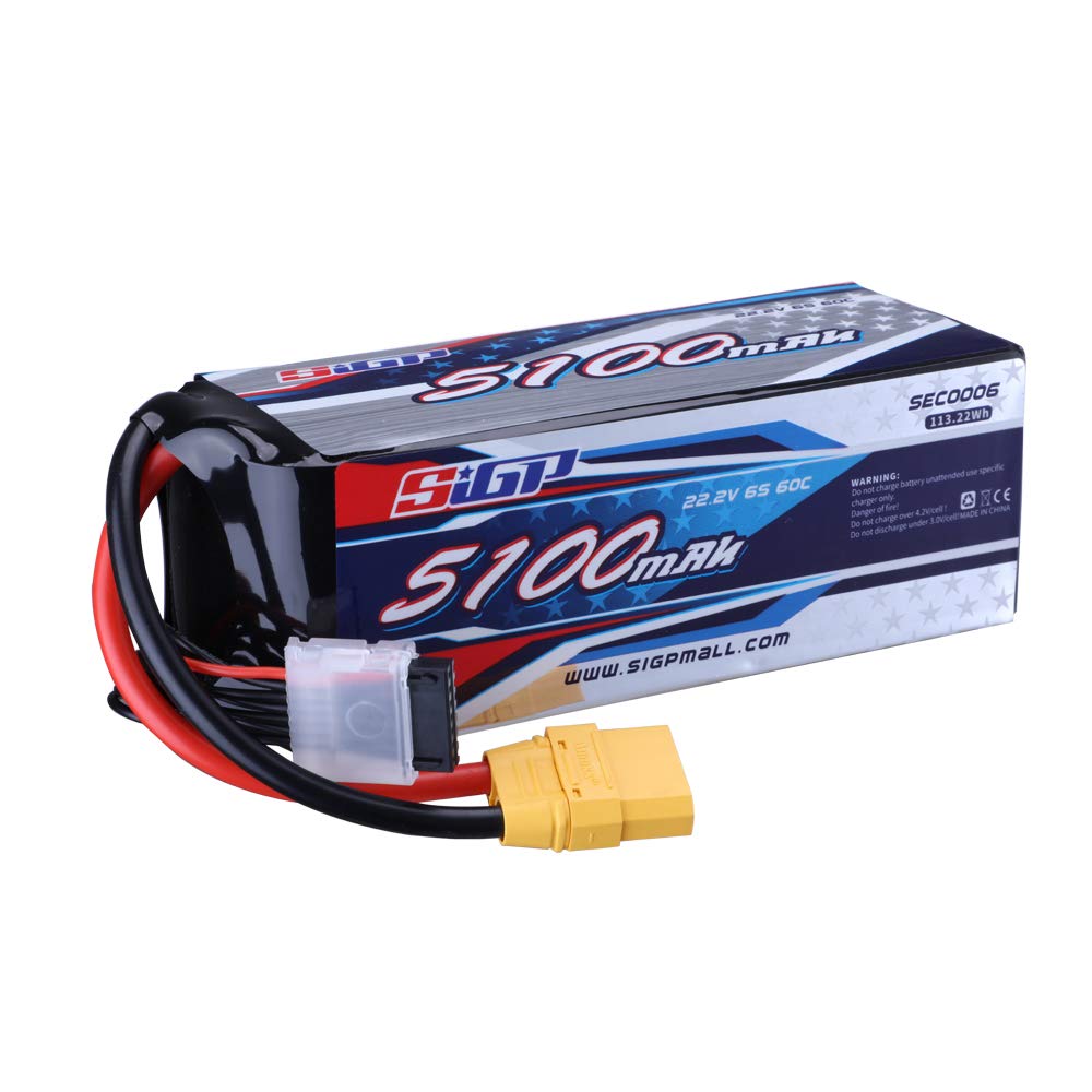 

SIGP 6S 22.2V LiPo 5100mAh 60C with XT90 Plug for Remote Control Aircraft, Quadcopter, Drone, FPV, Helicopter Racing Hobbies