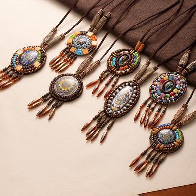 Collier ethnique rétro bohème unisexe avec pendentif à pompon