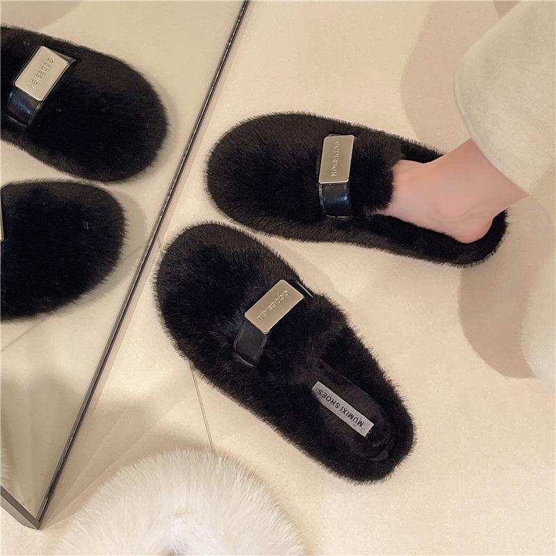 Internet Celebrity Mao Mao Slippers Women's Shoes 2025 Autumn and Winter New Wear Lazy Flat Bottom One Pedal Bag Head Cotton Slippers