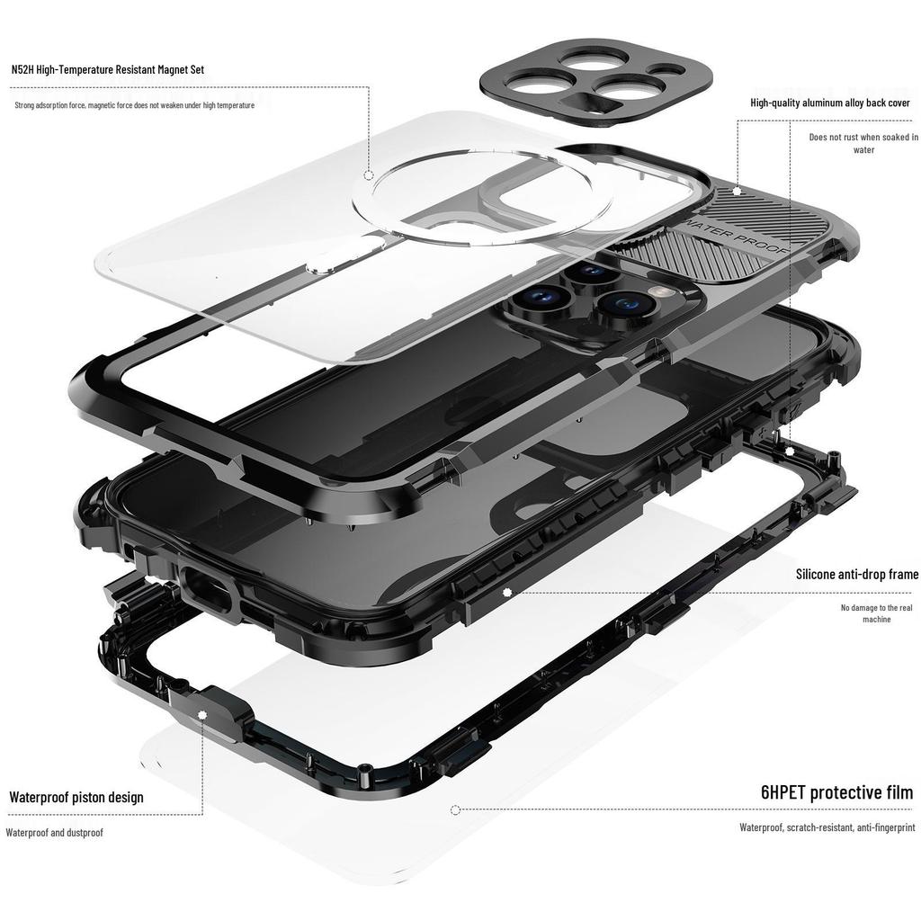 iPhone 15 Pro Red Pepper Waterproof Metal Case: Pressure-Resistant, Easy-Use Protective Diving Cover