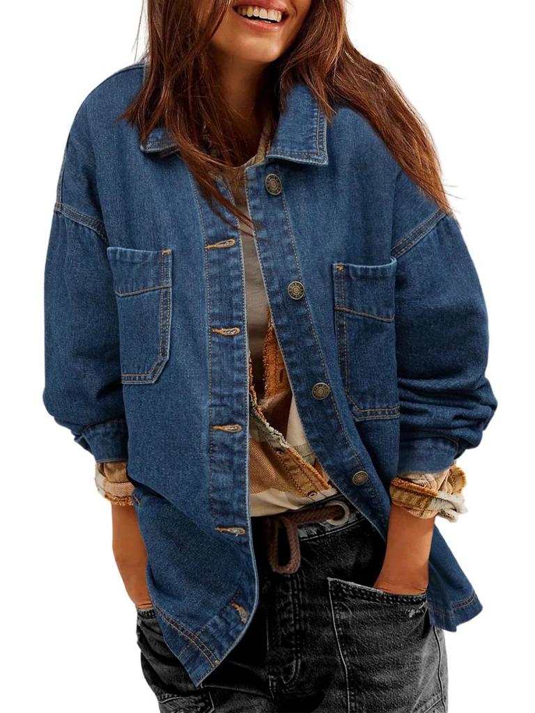 European & American Style Women's Denim Jacket with Large Pockets and Button Long Sleeves