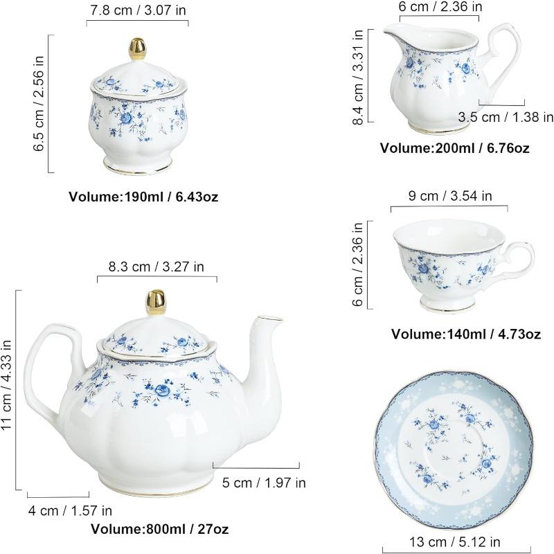 15 Piece e Porcelain Tea Set, British Floral Teapot with Tea Cups, Women Tea Party Set for 6