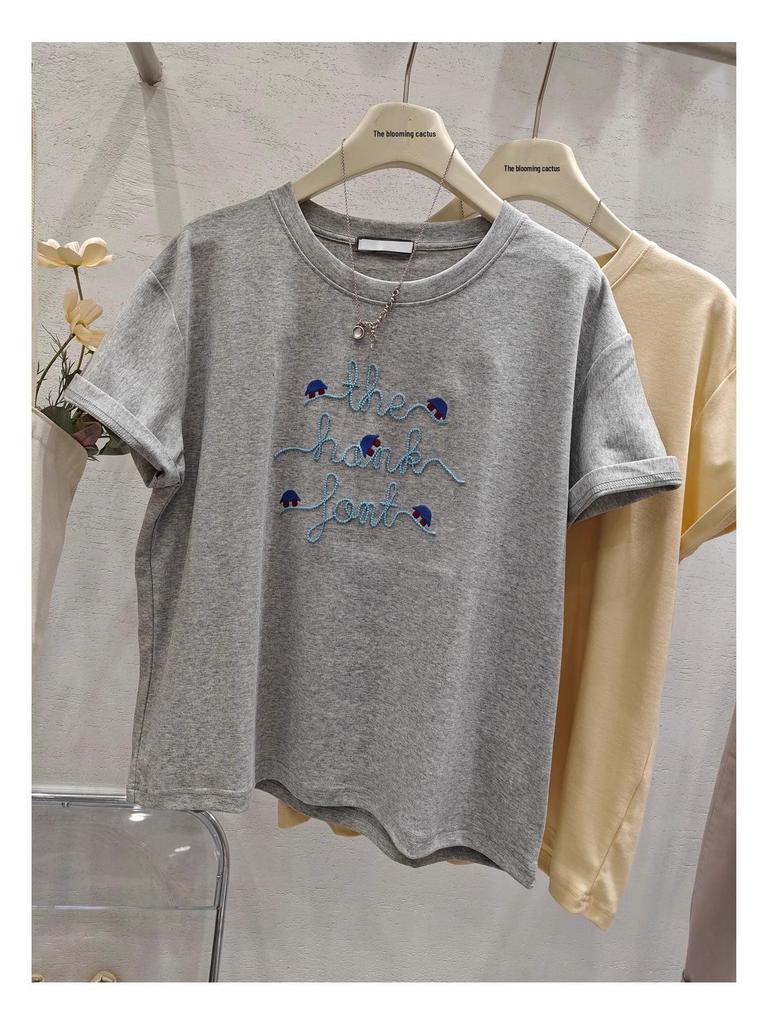 Women's Korean 3D Embroidered Cotton T-Shirt - Summer 2025 Loose Fit