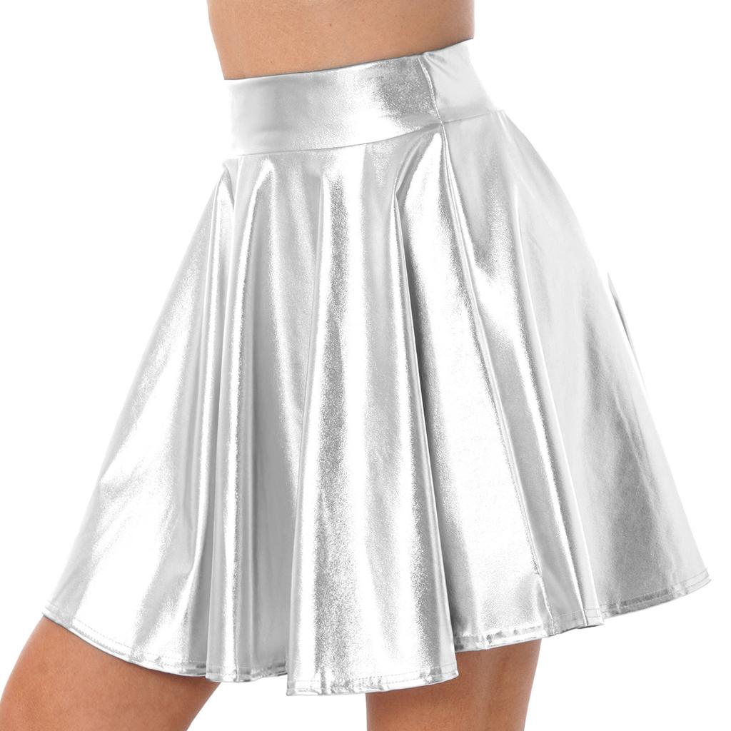 Womens Shiny Metallic Ruffle Glossy Mini Skirts Punk Party Clubwear Streetwear High Waist Flare Skirt Rave Cocktail Costume