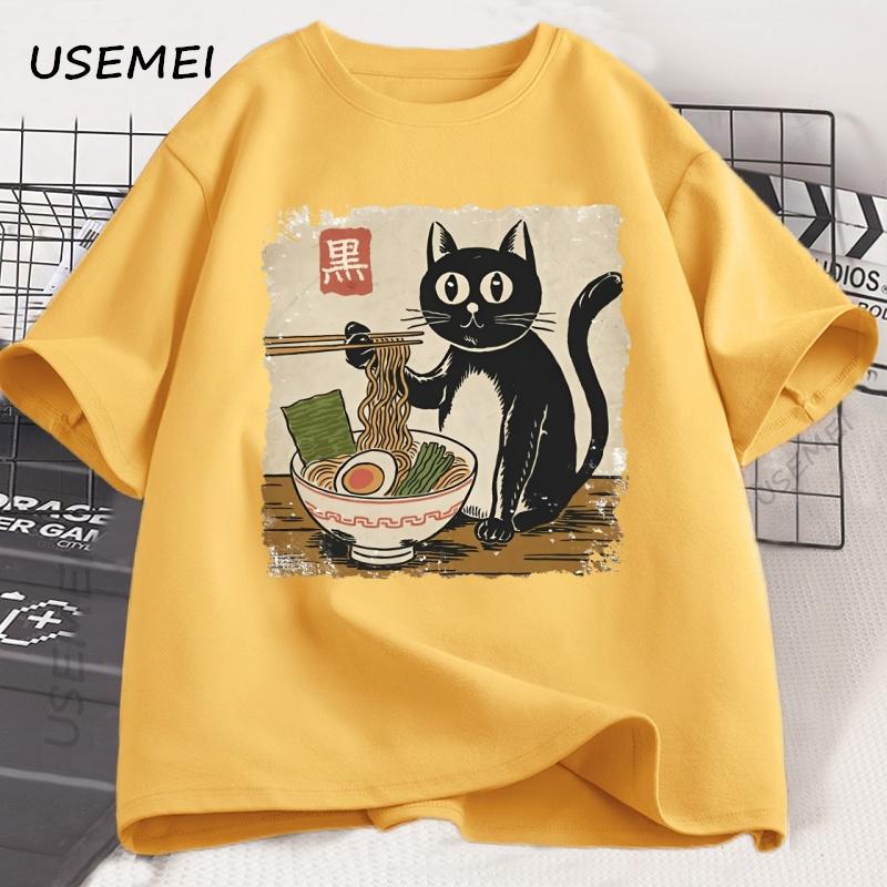 Funny Black Cat Ramen T-shirt Men Women Japanese Graphic Tees Kawaii Cat Anime Print T Shirt Casual Short Sleeve Mens Clothes