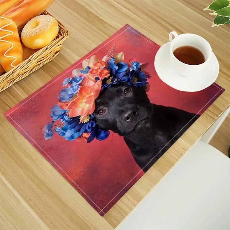 

6PC Dogs and Flowers Print Linen Dining Table Mats Alphabet Kitchen Placemat 30X45cm Coasters Pads Bowl Cup Mat 6PC 30x45CM