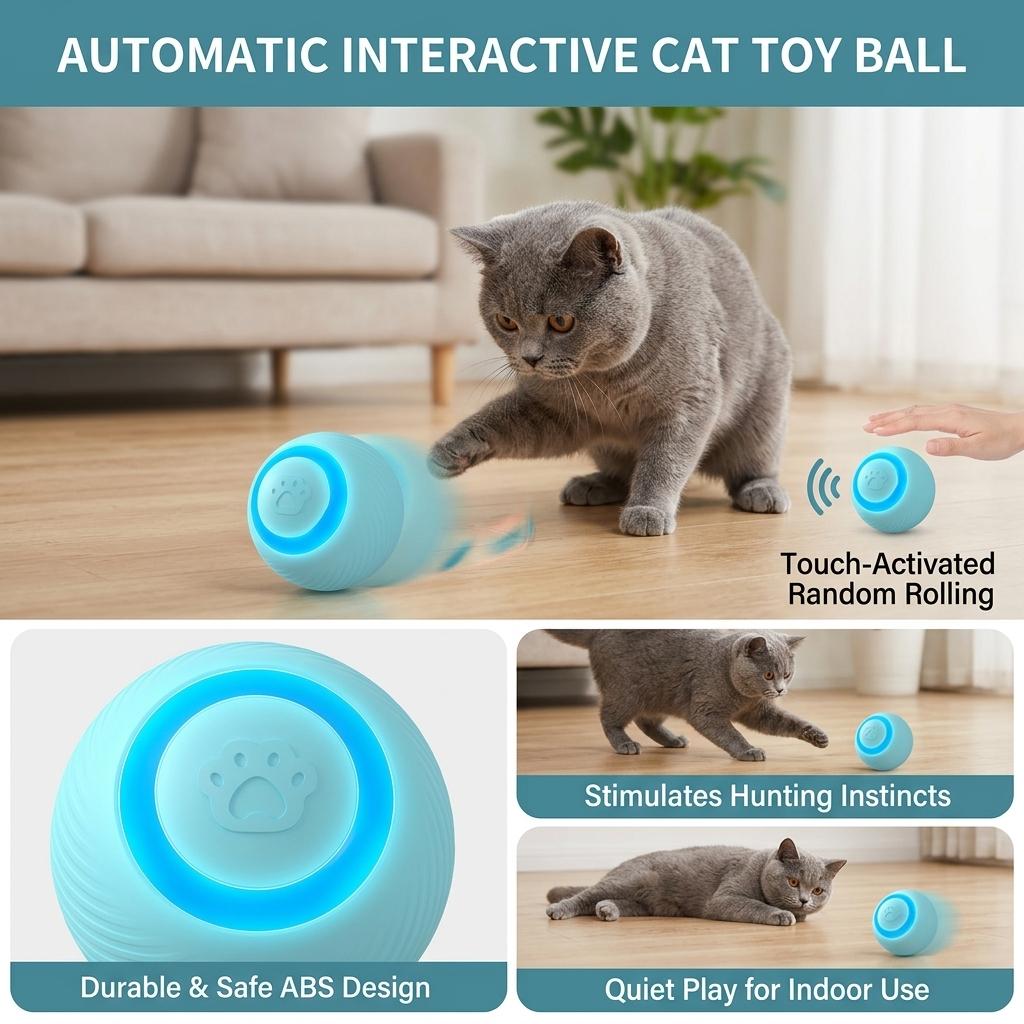 Interactive Cat Toy Ball Automatic Rolling Durable Bite Resistant Pet Entertainment Device for Indoor Use