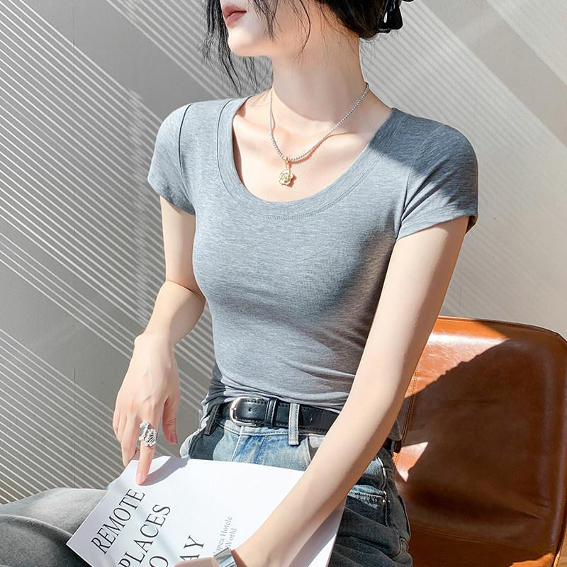 U-neck cotton short-sleeved T-shirt women's summer new solid color slim-fitting and thin shoulder low-neck top