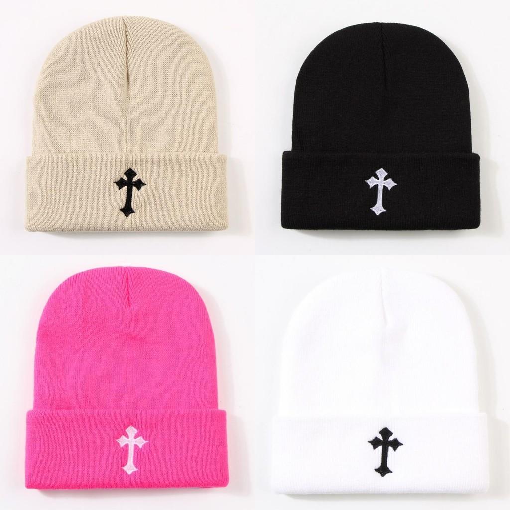 Fashionable Cross Embroidery Knitted Hat Warm Street Style Student Couple Ear Protection Beanie