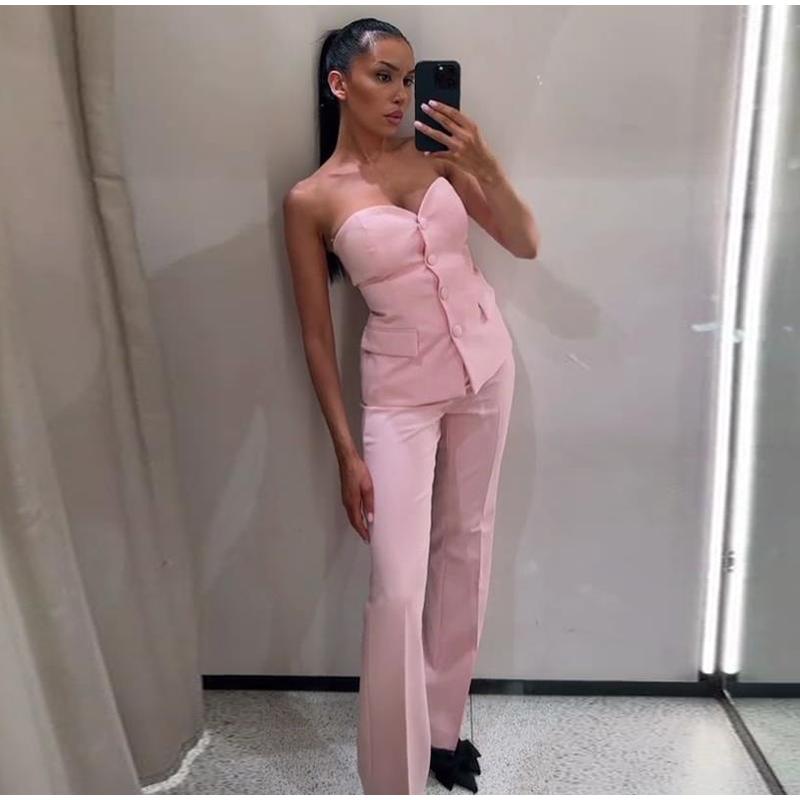Elegant Solid Vest Pants Women Outfit Sexy Tube Single Breasted Pocket Tank Top Loose Zippers Trousers Summer Lady Outfit