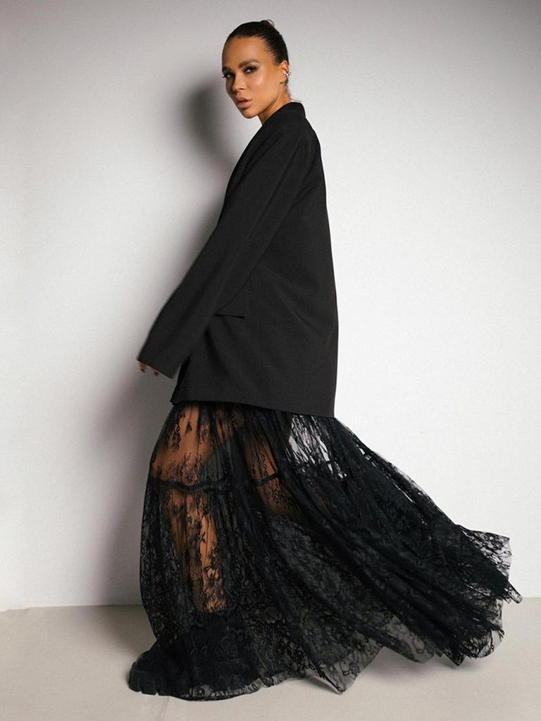 New Women's Long Dress Black Sexy Sheer Lace High Waist Business Commute Elegant Skirt