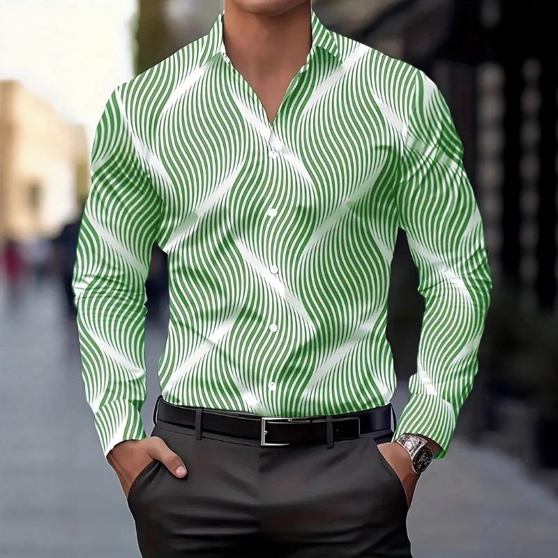 Men Casual Slim Fit Long Sleeve 3d Printed Striped Open Front Shirt