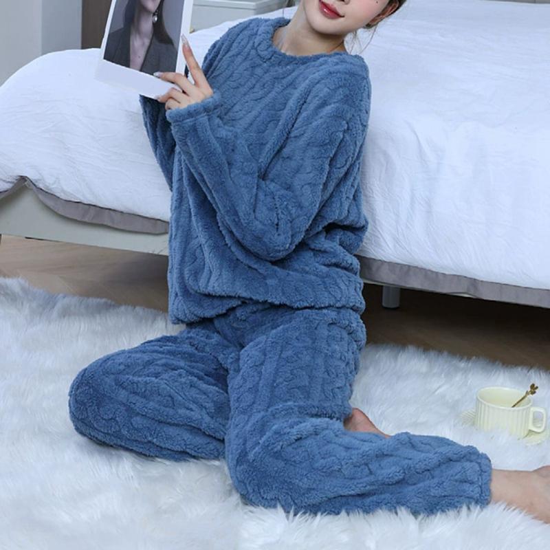 Damen Herbst- und Winter Korallenfleece Freizeit-Pyjama-Set Warmes Langarm-Oberteil und Hose Hauskleidung Zweiteilig