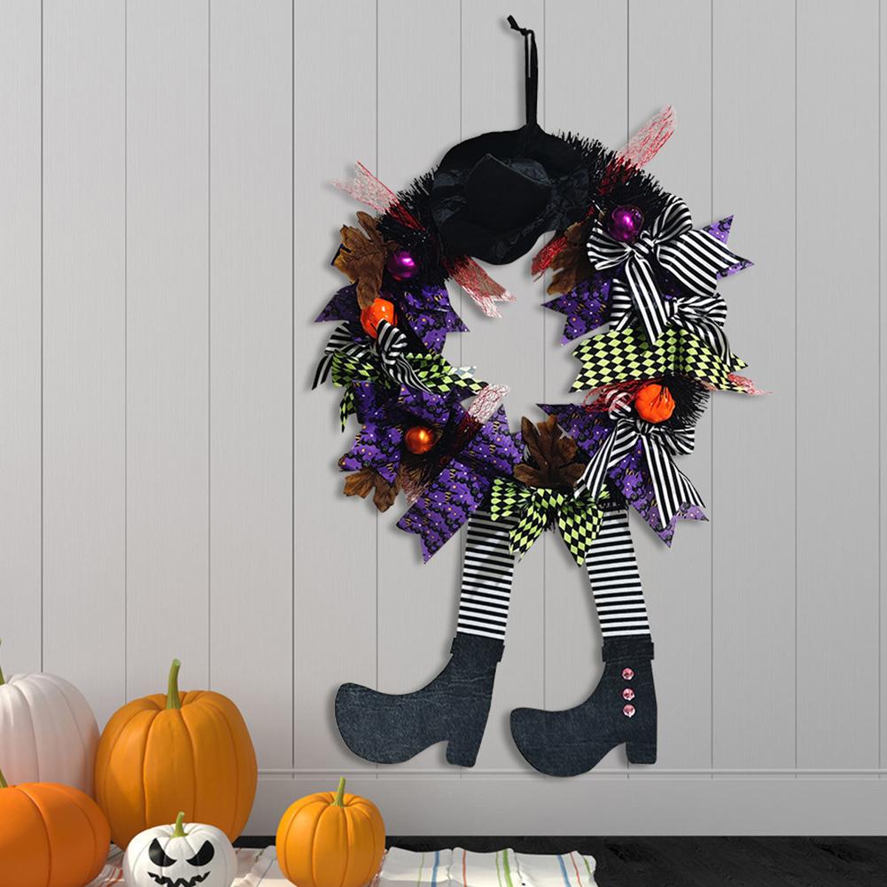 Halloween Black Wreath with Hat Witches Legs Pumpkin Long Legged Wicked Witch Wreath Front Door Garlands for Party Decor