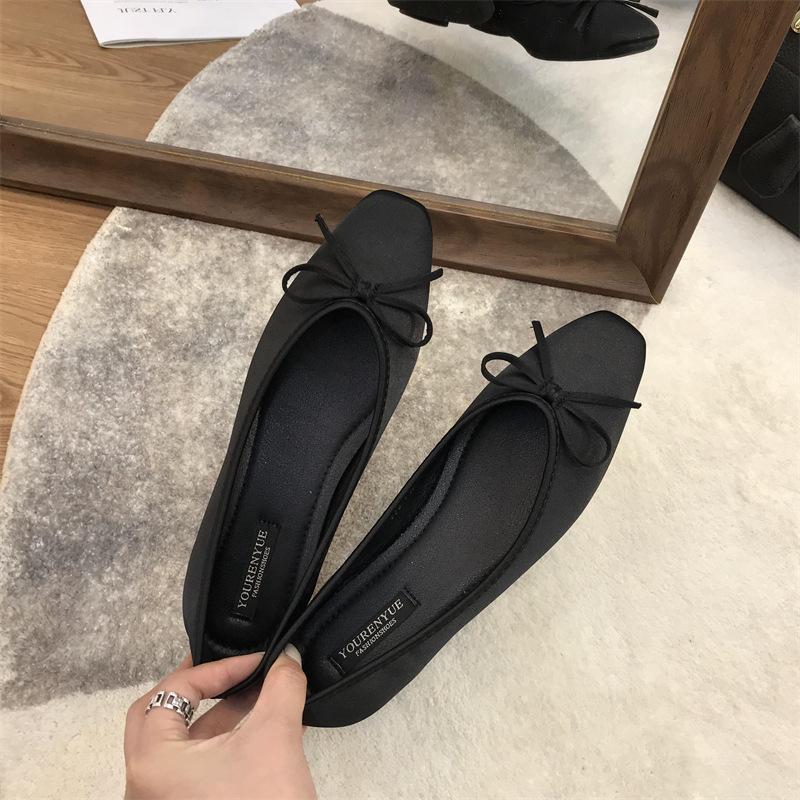 Champagne bow square head light mouth flat sole shoes women's summer 2025 new gentle satin grandma shoes