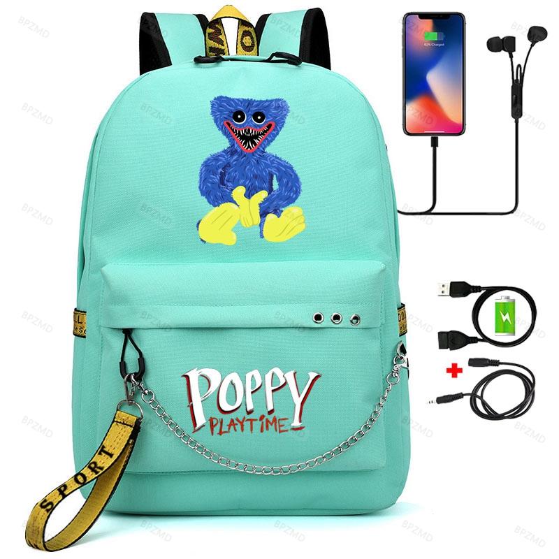 Game Poppy Spielzeit-Rucksack, Teenager-Mädchen, Huggy Wuggy, Schulrucksack für Damen mit USB-Aufladung, für Studenten, Laptops, Reisen, Segeltuchtaschen
