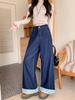 Retro Plaid High-Waisted Wide-Leg Bow Patchwork Jeans for Women