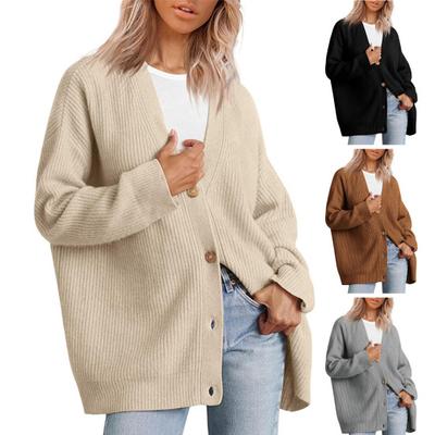 Women Autumn Winter Solid Color Sweater Coat V-neck Long Sleeve Single Breasted Loose Fit Ribbed Knitting Cardigan Outwear