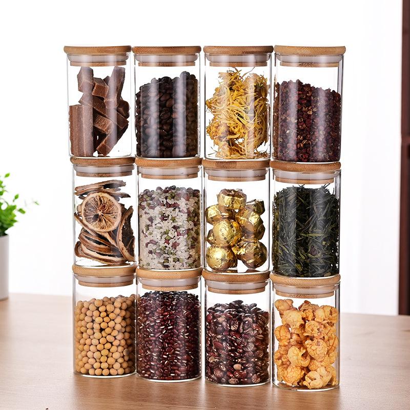 Glass Jar with Bamboo Lid 280ml Glass Food Storage Container, Suitable for Kitchen Spice Jars, Coffee Jars, Dried Fruit Jar
