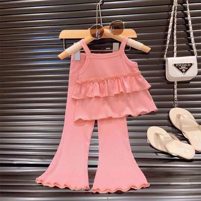 Girls' Summer Ice Silk Two-Piece: Sling Dress & Flared Pants Set
