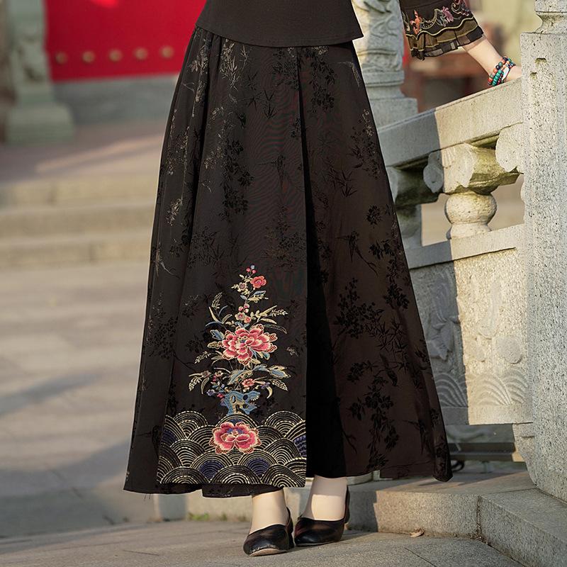 

New Ethnic Women s Elastic Waist Retro Embroidery A-Line Skirt One Size