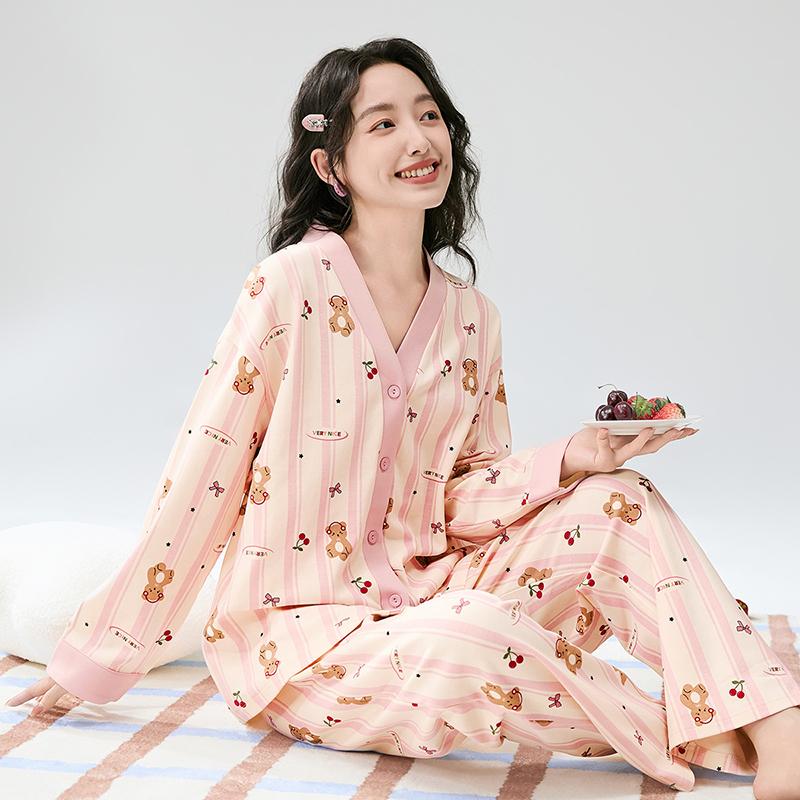 Fenteng 100% Cotton Women's V-Neck Long-Sleeved Sleepwear Set with Animal Print