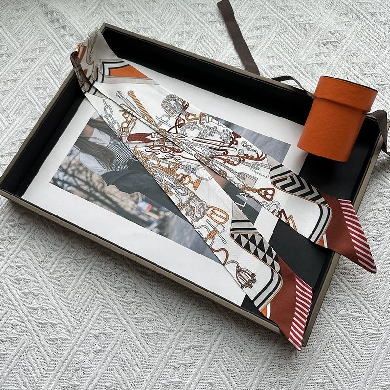 

86*5CM Long New Design 100% Silk Scarf Women Sweet Hair Tie Skinny Bag Scarves Neckerchief 5x86cm