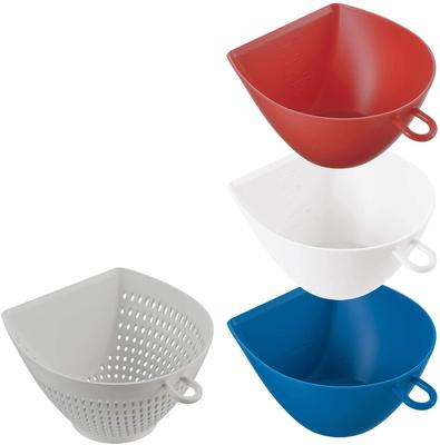 Akebono Sangyo Dustpan and Colander Bowl Mini Tricolor Set 1 Colander and 3 Bowls Made In Japan With Graduations and Hanging Hook Microwave Safe
