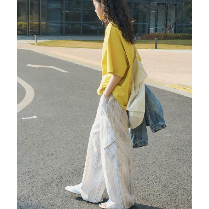 Johnature Summer Korean Lazy Retro Striped Women Pants Straight Drape Casual Full Length Pants