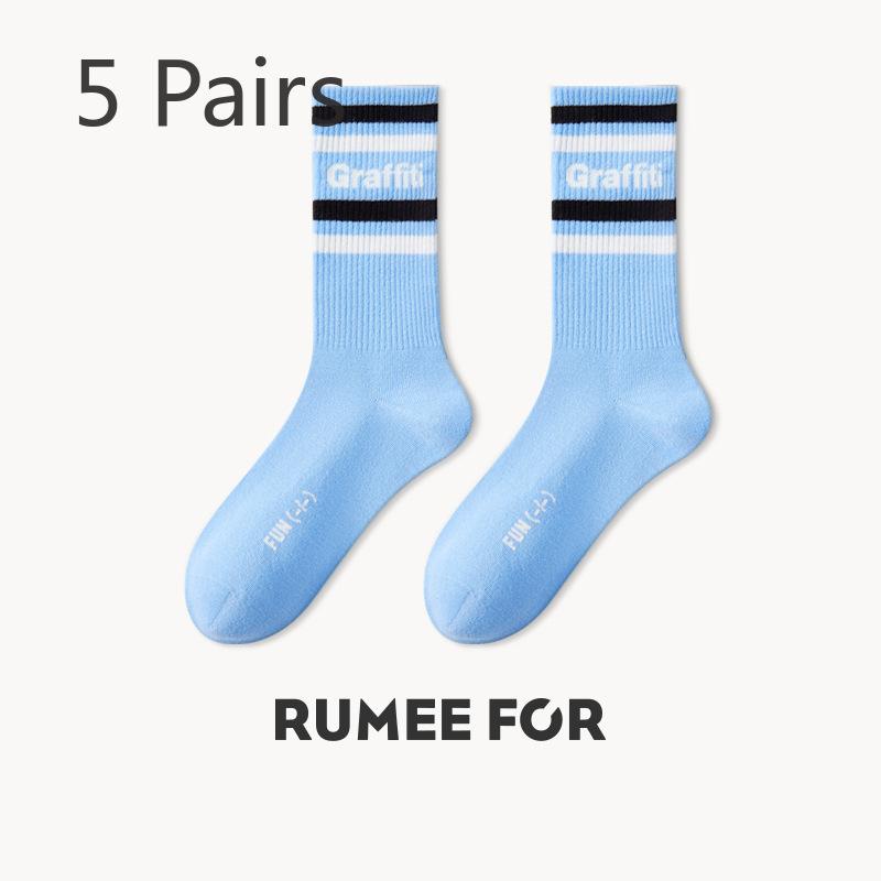 5 Pairs of Female Spring and Autumn Style Deodorant Sports Letter Striped Student Tube Socks