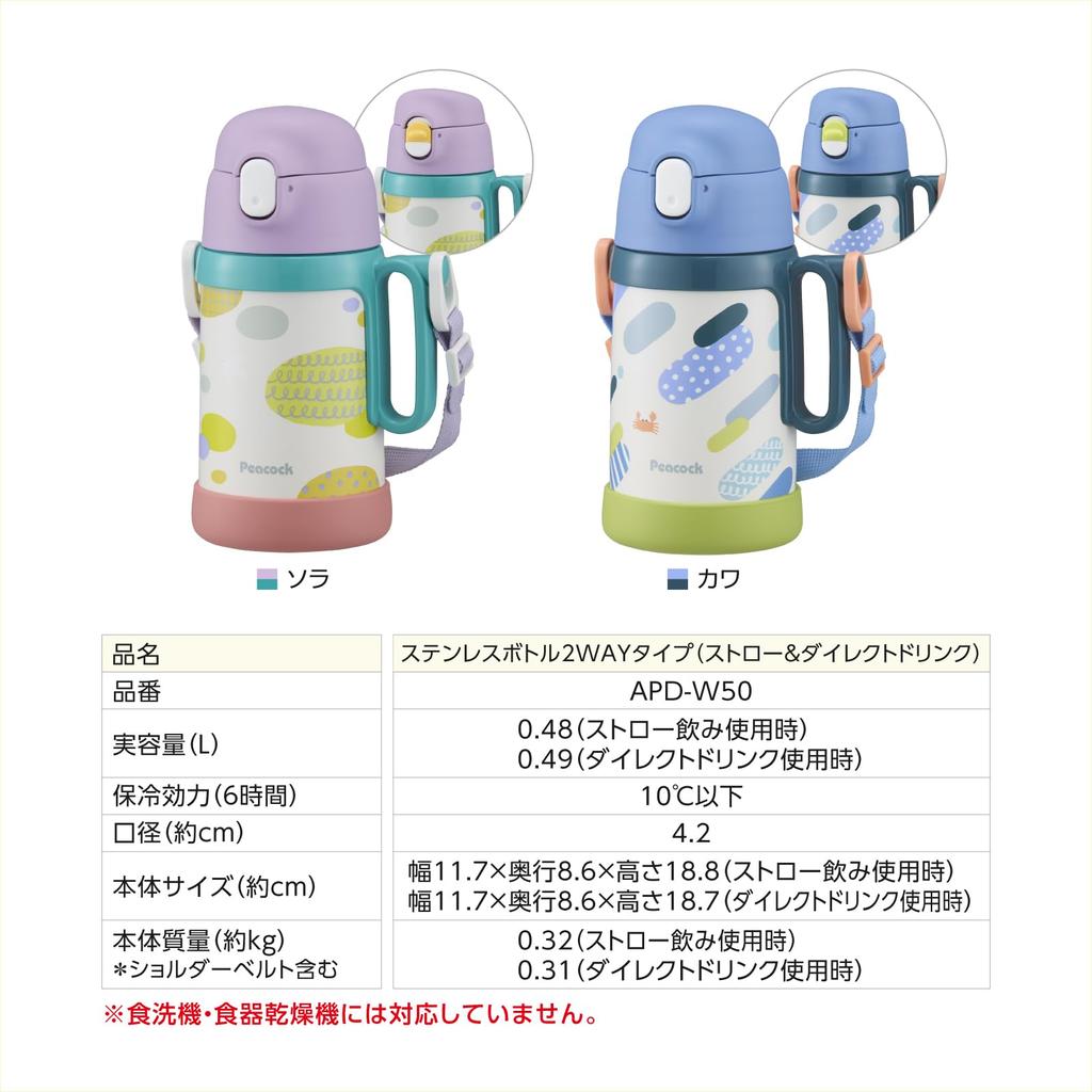 Water Direct Stainless Vacuum Sora SR The-peacock (The-peacock) Bottle, 480ml/490ml, Insulated, Straw, Opening, 2-Way Bottle, Steel, Flask, APD-W50