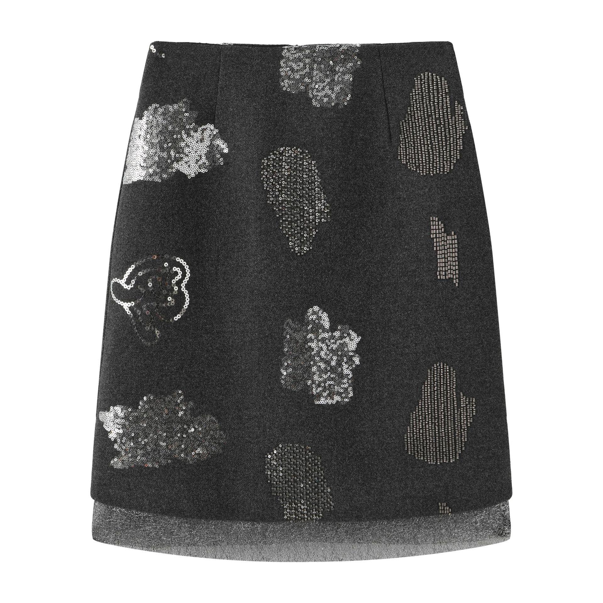 

Retro Sequin Patchwork Wool Blend A-line Midi Skirt M (Waist 95-105 cm) серый
