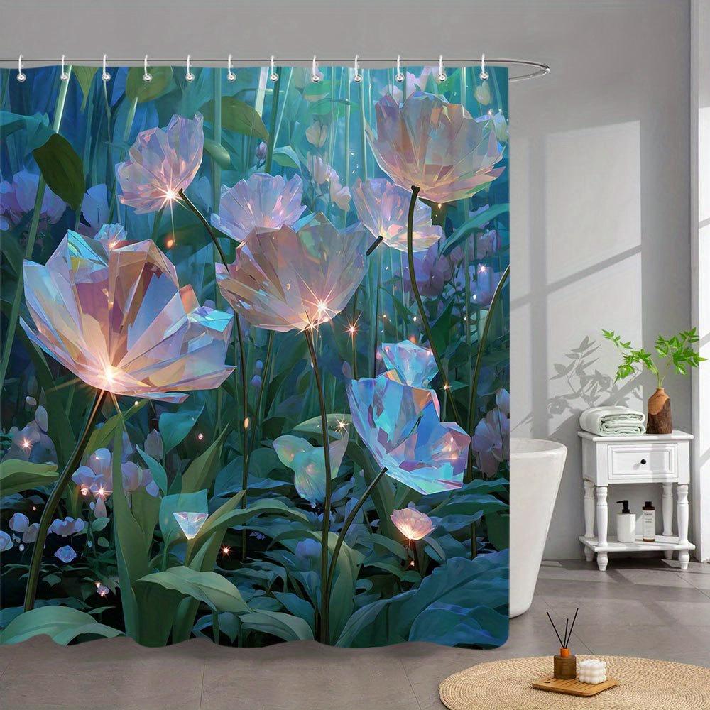 

1pc Crystal Garden Bath Curtain - Enchanted Fantasy Design with Translucent Diamond Flowers in Pink, Blue & Purple, Magical Glow 90x180cm