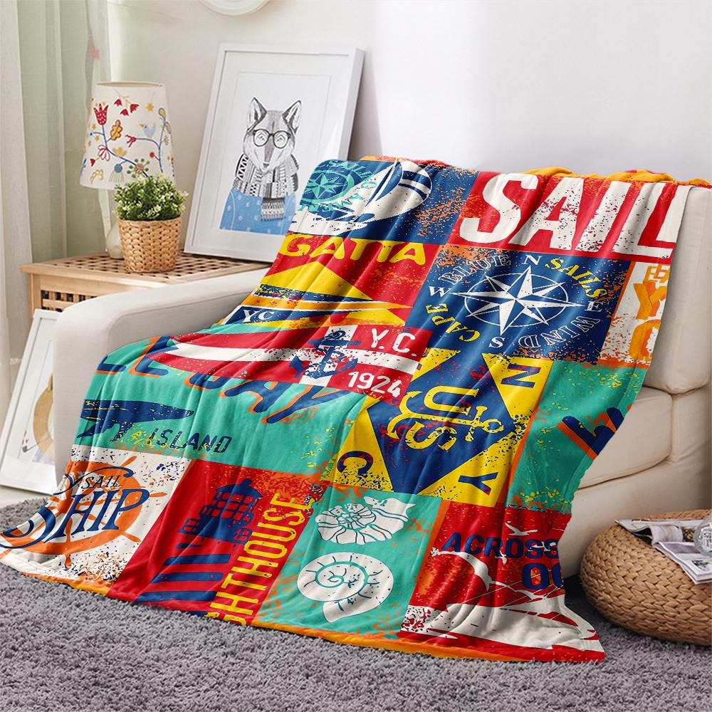 1Pc Nautical Print Flannel Blanket, High quality Comfortable for All Seasons, Home Decor, Warmth and Comfort, Perfect for Christmas Gifts