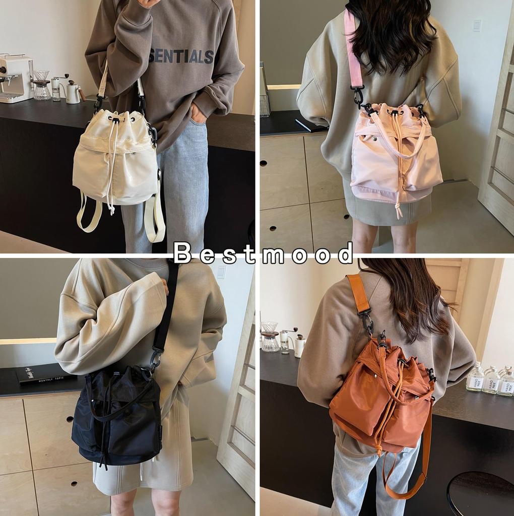 Bestmood Beuteltasche, Rucksack mit Kordelzug, Schultertasche mit großem Fassungsvermögen, Handtasche, Umhängetasche, Tragetasche, Reisetasche, Koreanischer Stil, Nylon, 3-Wege (Frei