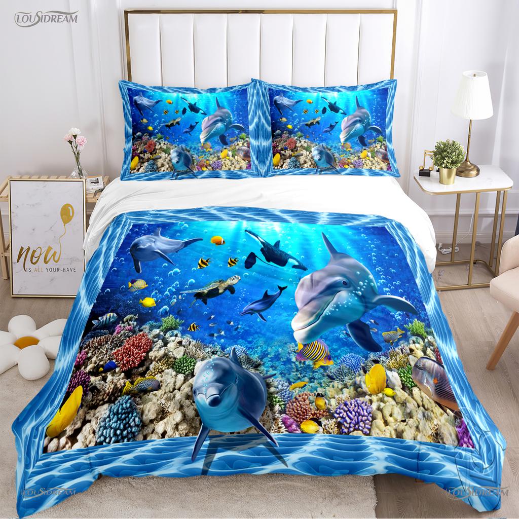 Comforter 3D Ocean World Dolphin Whale Fish Comforter Beding Set Soft And For Single/Double/Queen/King