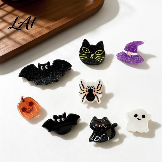 Black Cat Spider Witch Hat Accessories Halloween Cartoon Hair Clips for Women Girls Acrylic Glitter Pumpkin/Ghost/Bat/Cat Small Holiday Gifts