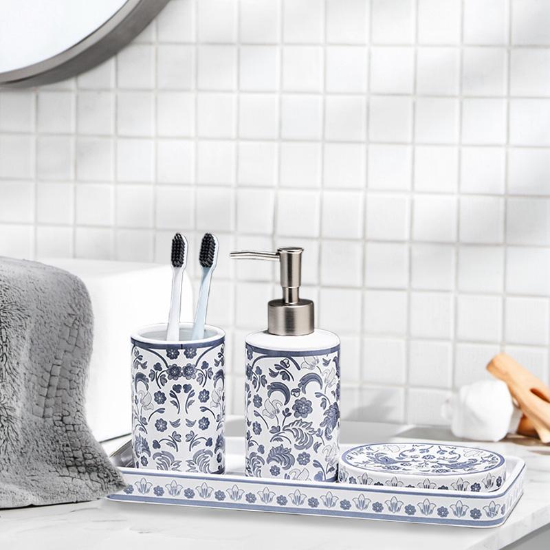4pcs/set Floral Pattern Bathroom Refillable Liquid Soap Container Creative Ceramic Wash Set Accessories