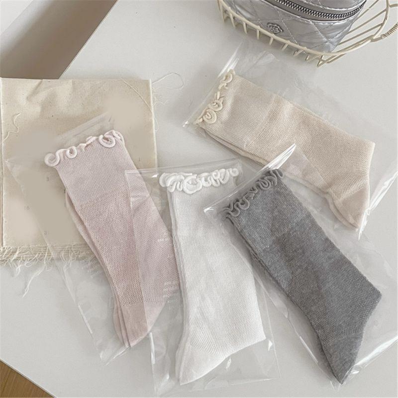 Elegant Hollow Out Breathable Mesh Middle Calf Socks Seamless Cotton Solid Color Ruffle Turn Cuff Crew Socks for Women