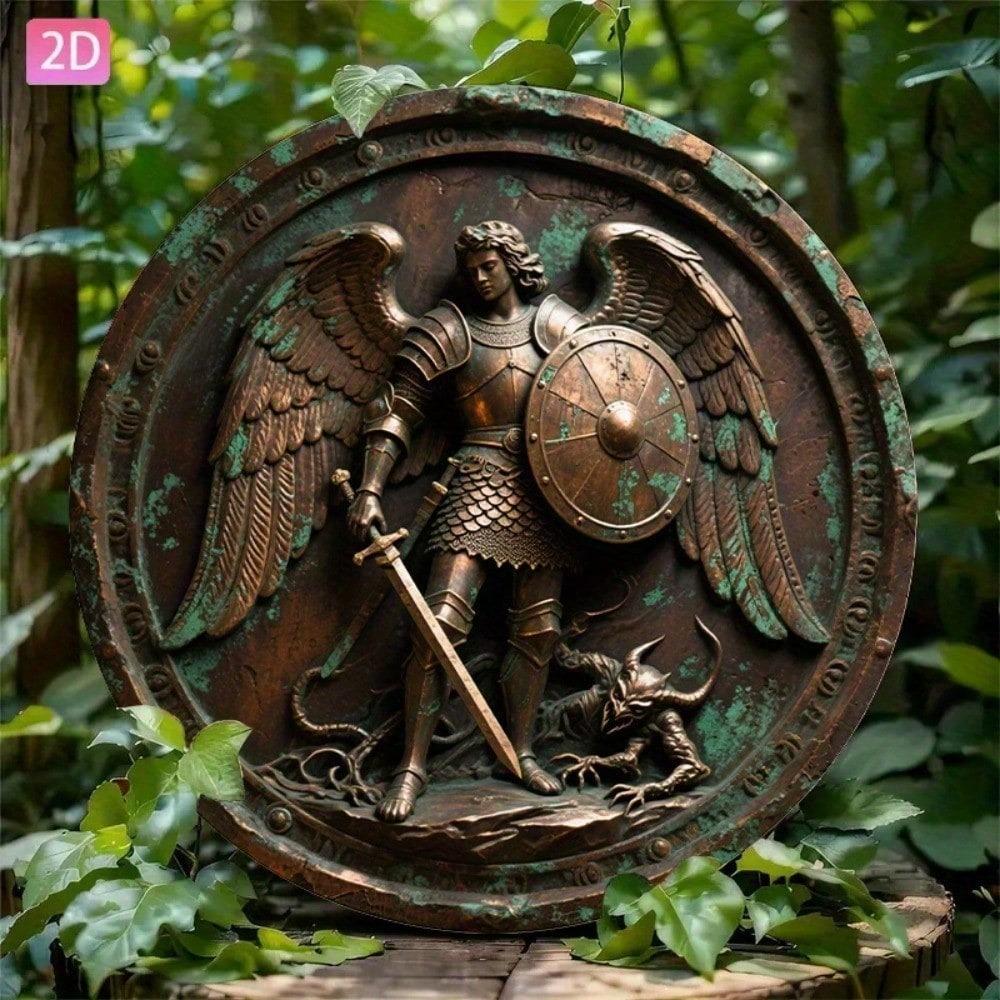 Vintage St Michael Archangel Metal Sign Bronze Aluminum Wall Art