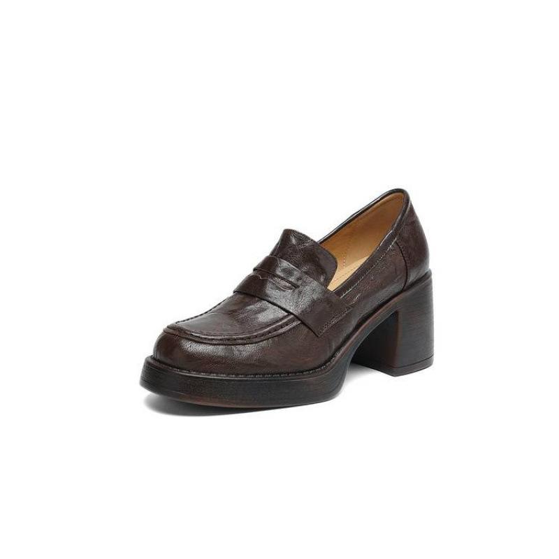 New high-heeled women's single shoes solid color sheepskin comfortable thick-soled non-slip low-top women's shoes large size four-season loafers