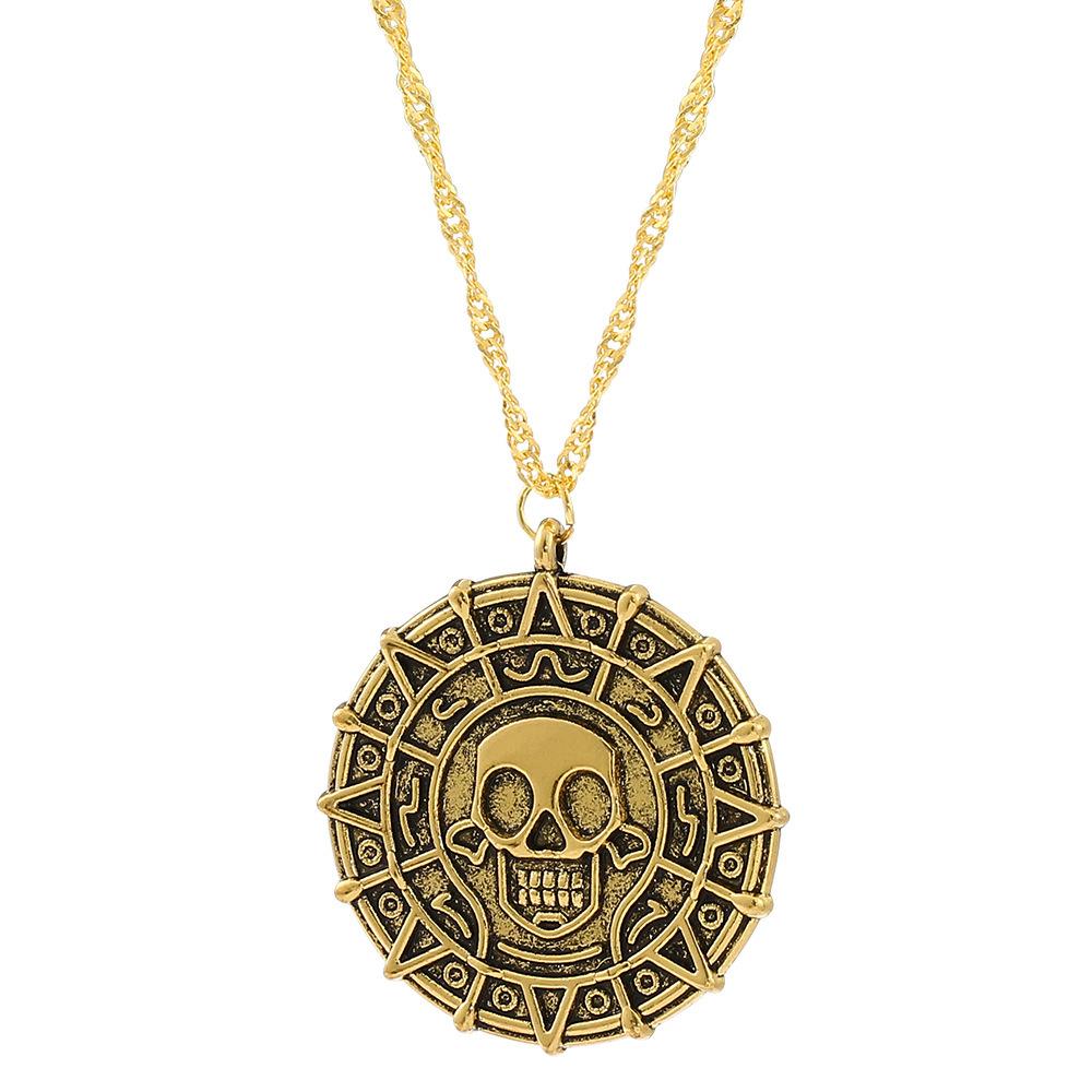 European and American Jewelry Pirates of the Caribbean Necklace Aztec Coin Skull Pendant Men s Necklace 60CM