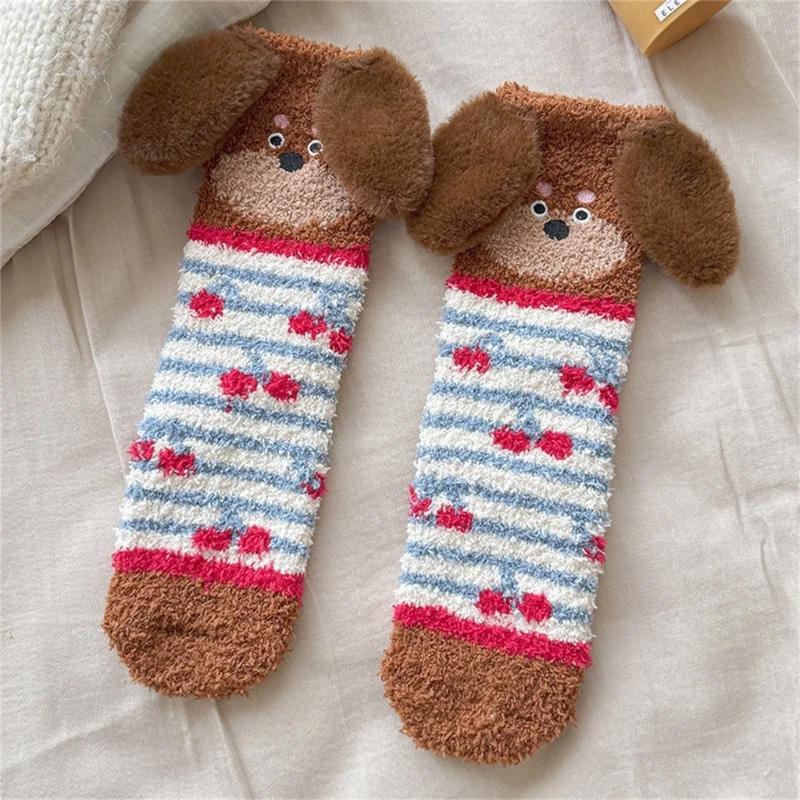 1Pair Thick Socks Cartoon Floor Socks Warm Coral Fleece Socks Comfortable Sleep Socks Skin-friendly Sausage Dog