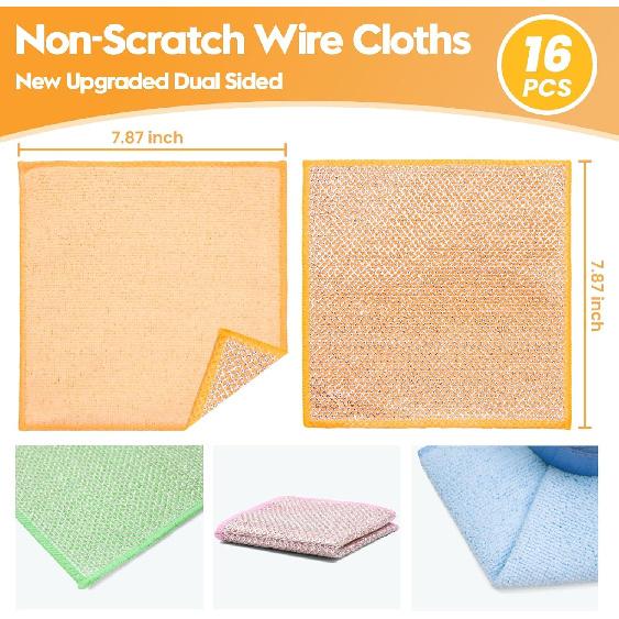 16 Pcs Multipurpose Wire Dishwashing Rags, Upgraded Dual-Sided Non Scratch Wire Dishcloth, Reusable Metal Wash Cloth, Steel Wool Cleaning Cloths for