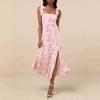 Vestido Midi Floral con Lazo, Tirantes Finos, Cuello Cuadrado, Abertura Alta, Cola de Pez, para Vacaciones y Fiestas