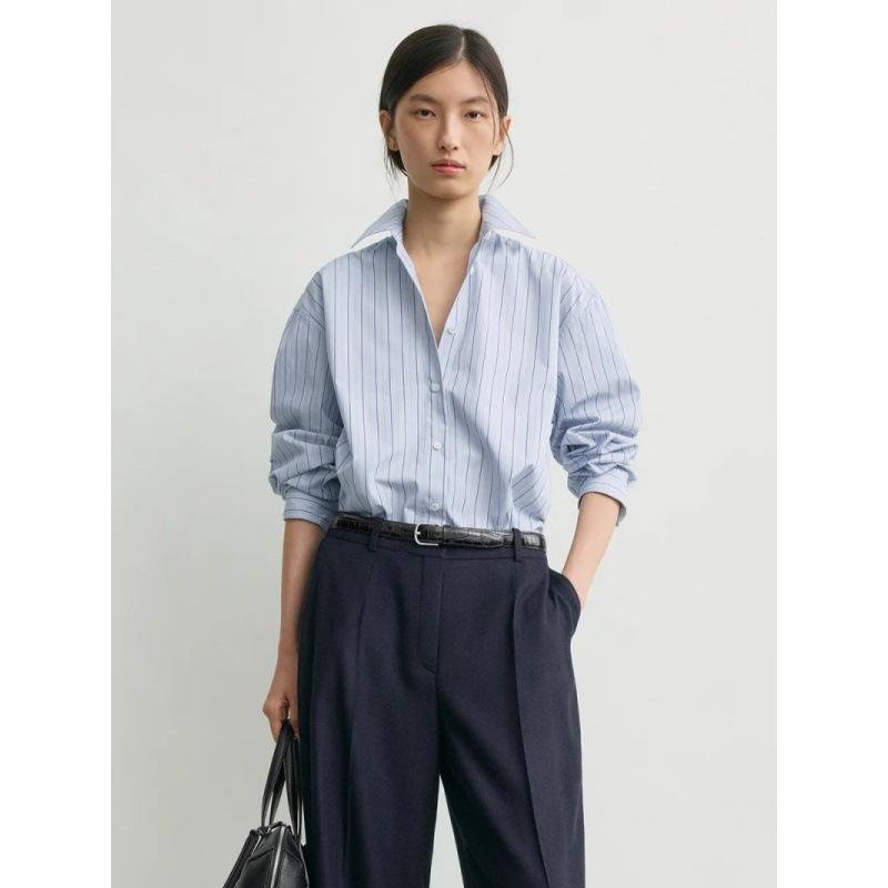 Longmei Women's Striped Pure Cotton Shirt, Spring-Summer 2026, Simple Commute Style with Lapel and Long Sleeves