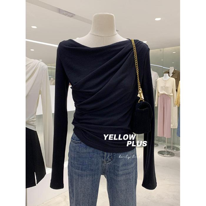 New 2024 Off-Shoulder Ruched Long-Sleeve T-Shirt, Rayon 1x1, 260g, High-End.