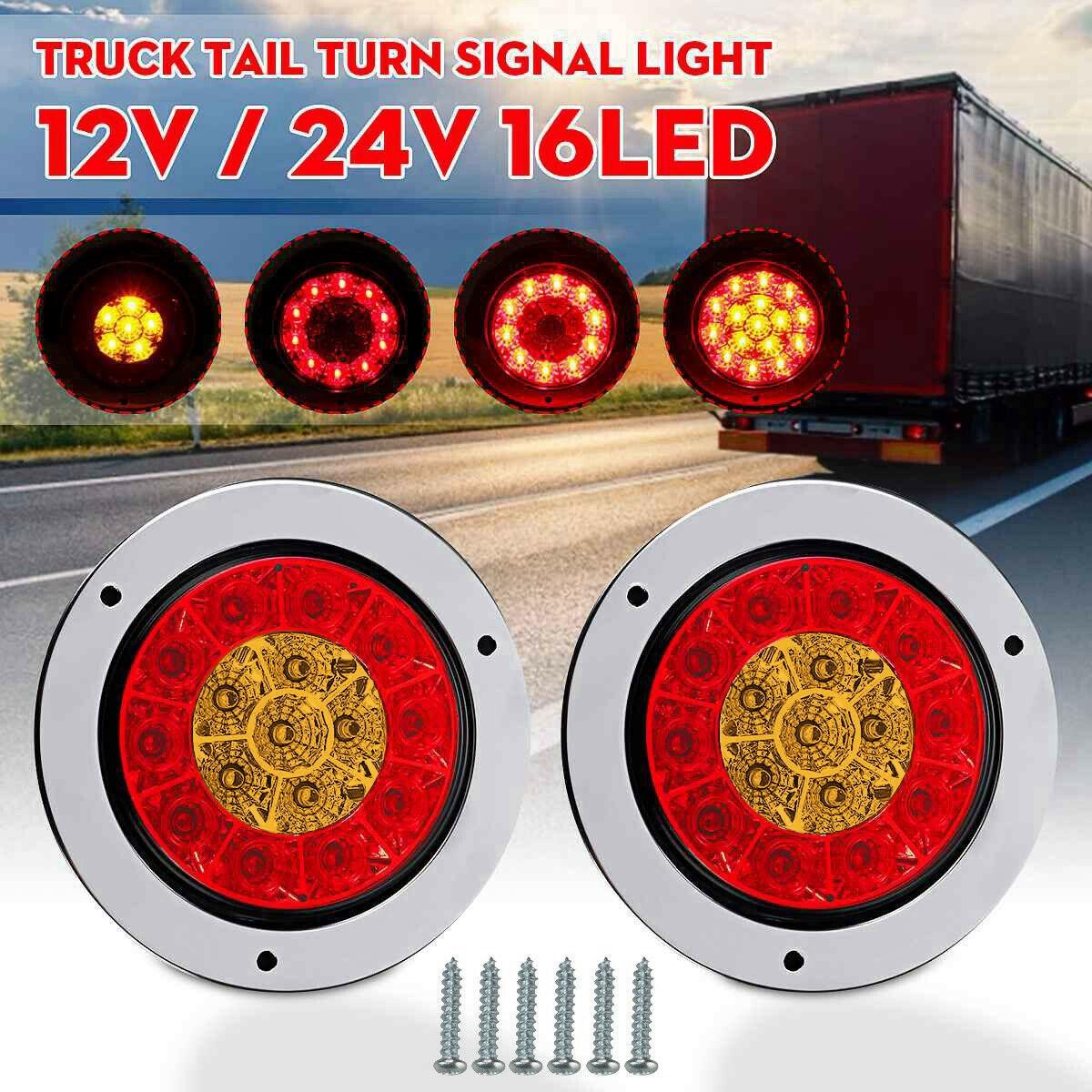 2X 4 Inch 16 LED Round Truck Trailer RV Brake Stop Turn Tail Signal Light Red Amber Chrome Waterproof 12-24V-A02G NONE
