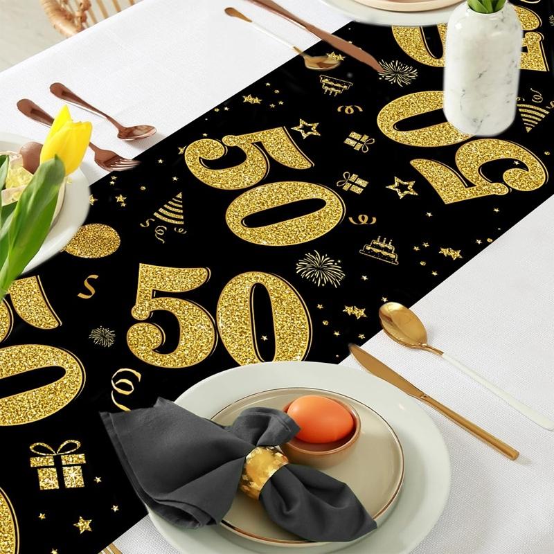 18 30 40 50 Year Old Black Gold Table Runner Happy Birthday Party Decoration Adult 30th 40th 50th 60t Birthday Tablecloth Banner